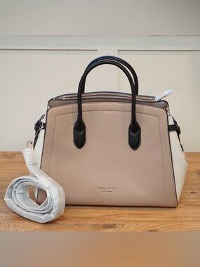 kate spade Colorblock Pebbled Leather Satchel Crossbody Taupe Cream Black